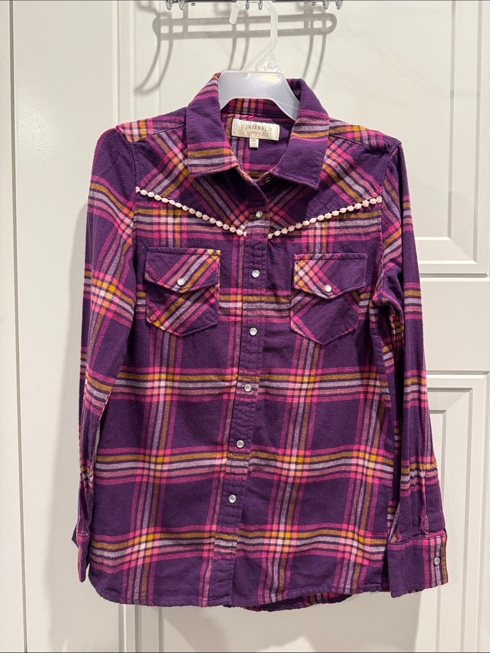 Shyanne Purple Plaid Snap-Front Shirt with Pink and Yellow Accents